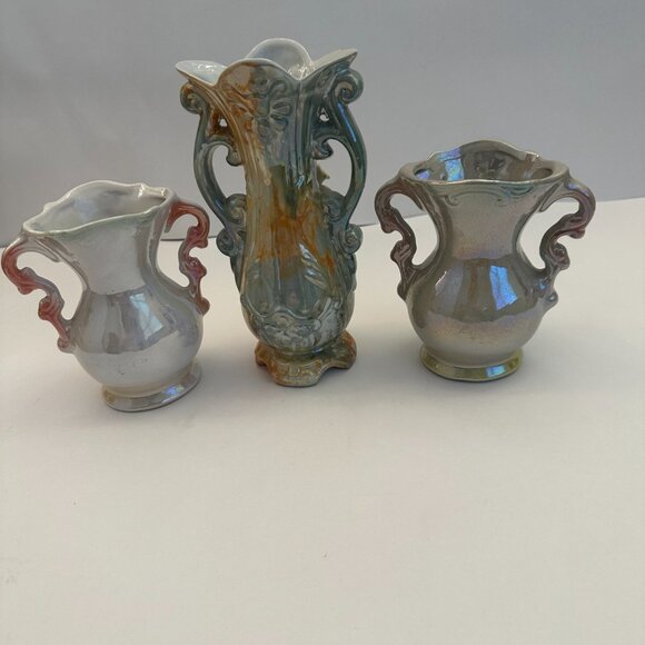 Vintage Three Glazed Floral Vases White Pink and Green - Picture 3 of 9